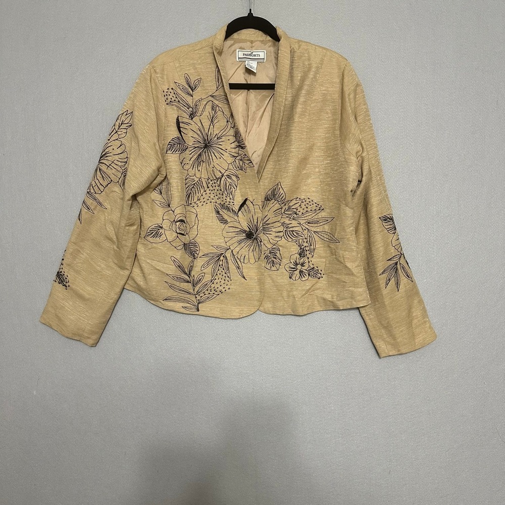 Passports Tan 100% Silk Floral Embroidered Open Front Blazer Jacket Womens 14